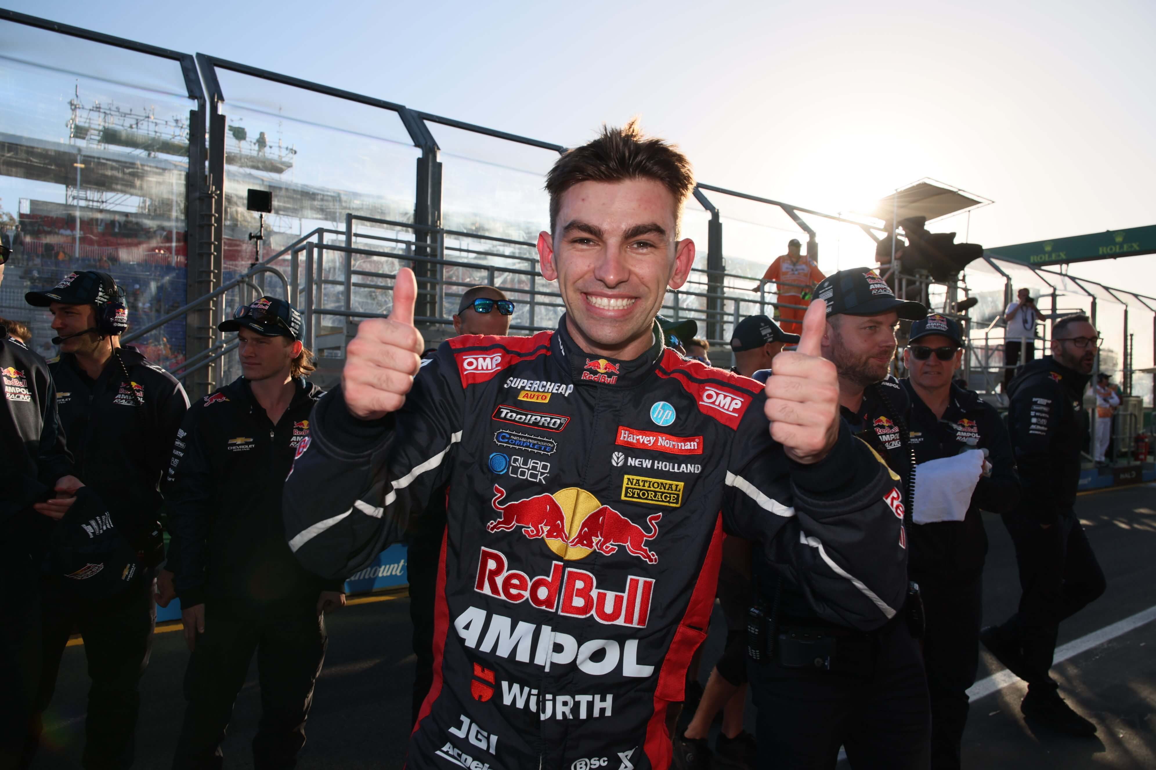 Mustangs collide to hand Red Bull one-two in third Supercars race of the GP weekend.