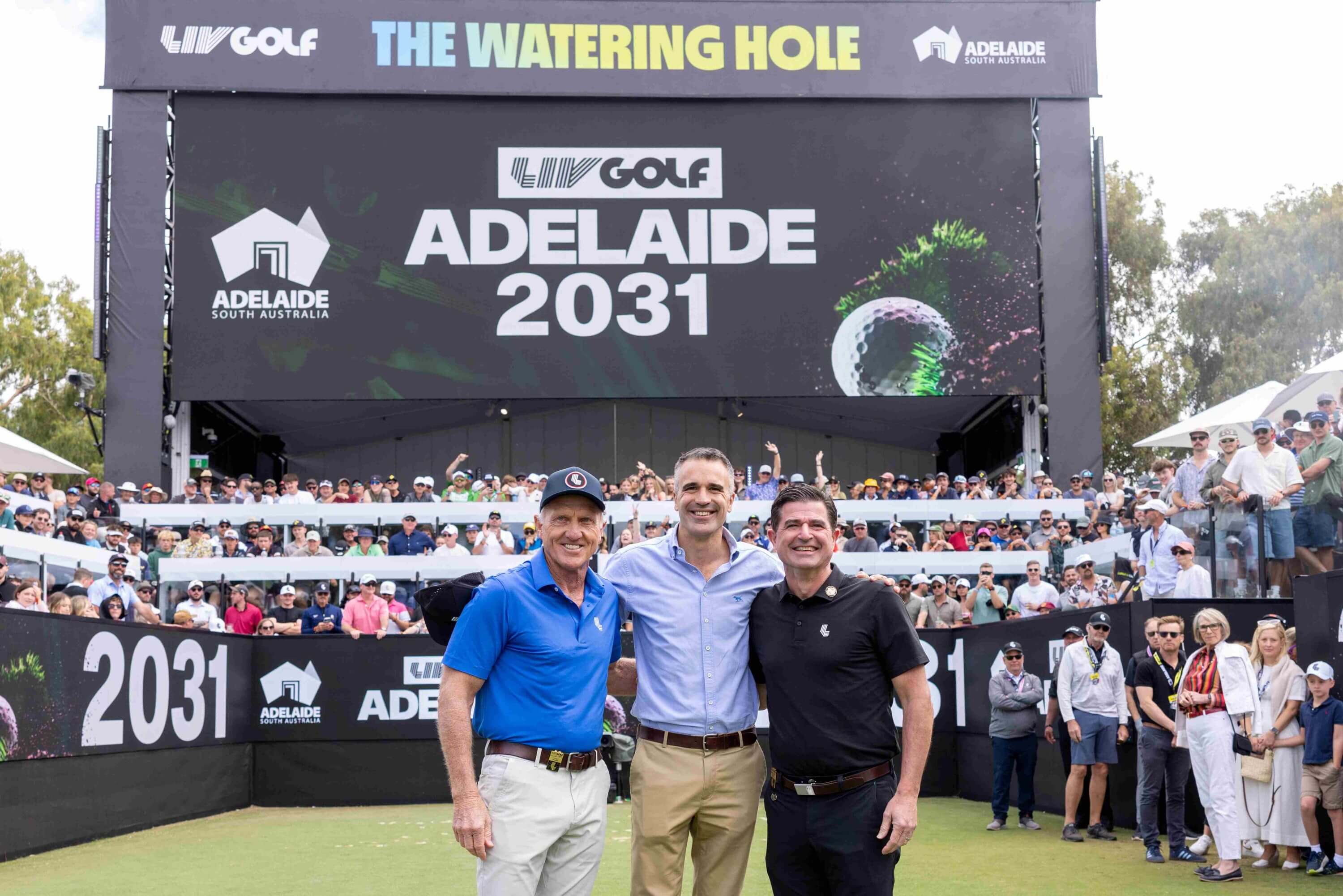 South Australia Premier Peter Malinauskas, LIV Golf CEO Scott O’Neil, and LIV Golf Board Member and Australian golf legend Greg Norman delivering the news
