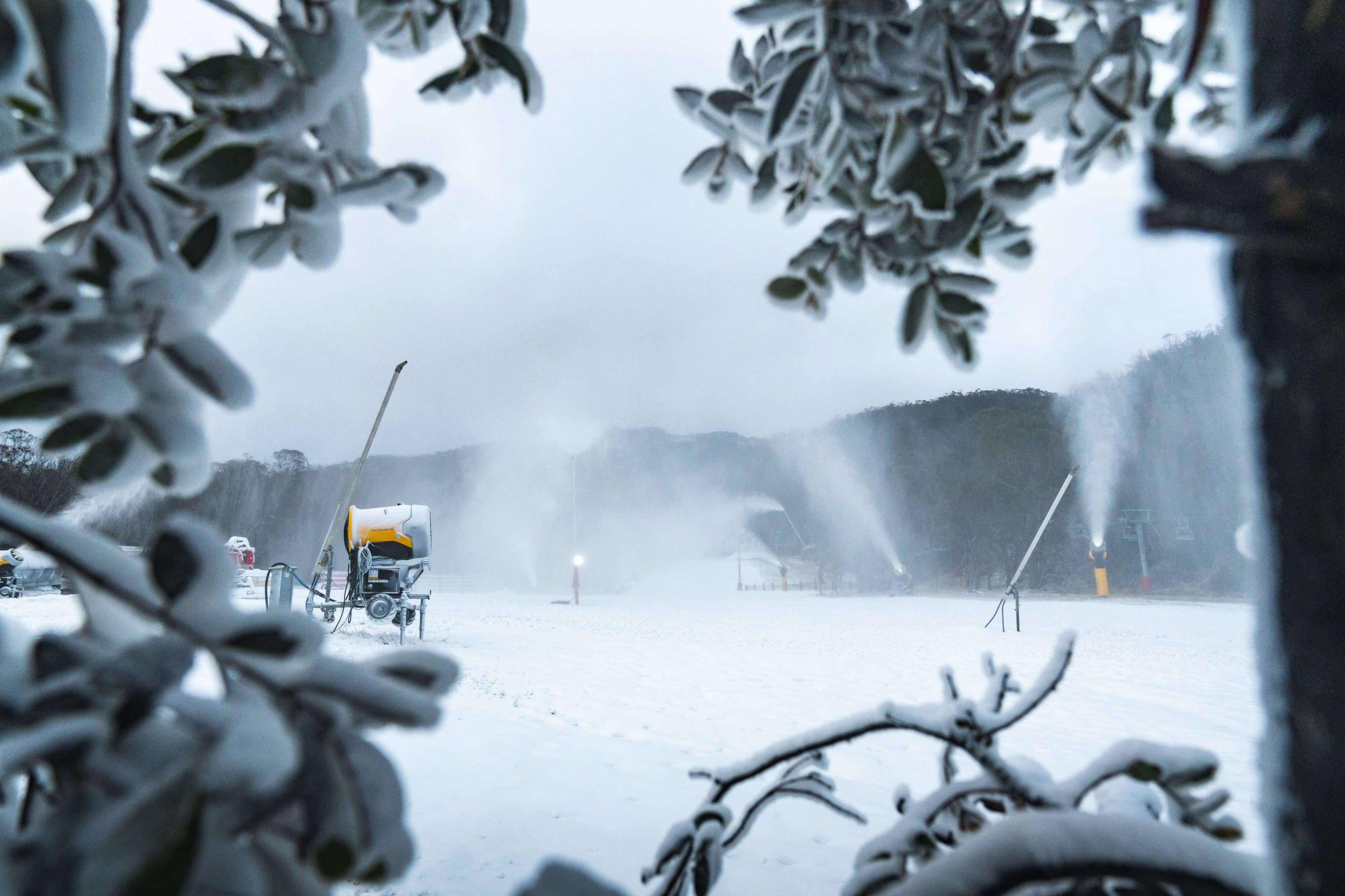 Snow making on Friday Flat at Thredbo, ahead of opening weekend