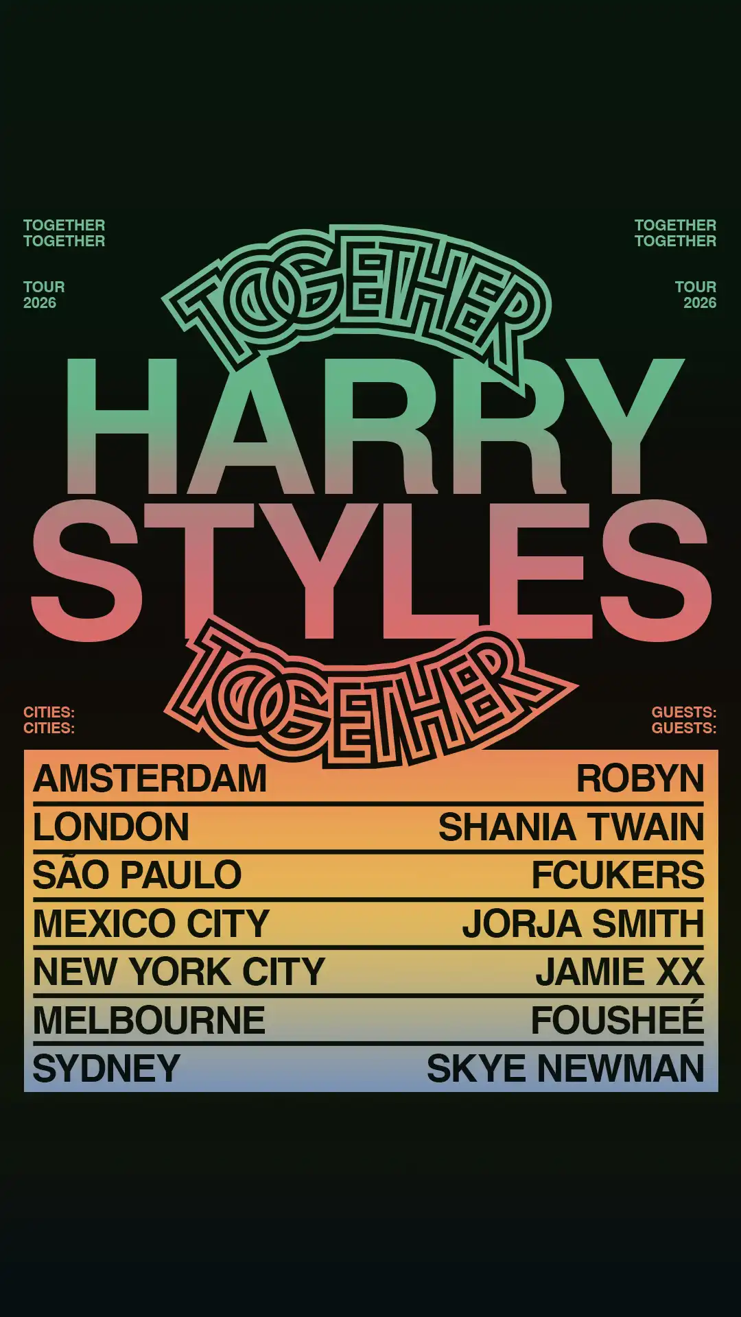 Harry Styles brings his Together, Together residency to Melbourne and Sydney in late 2026, with four stadium shows at Marvel Stadium and Accor Stadium.