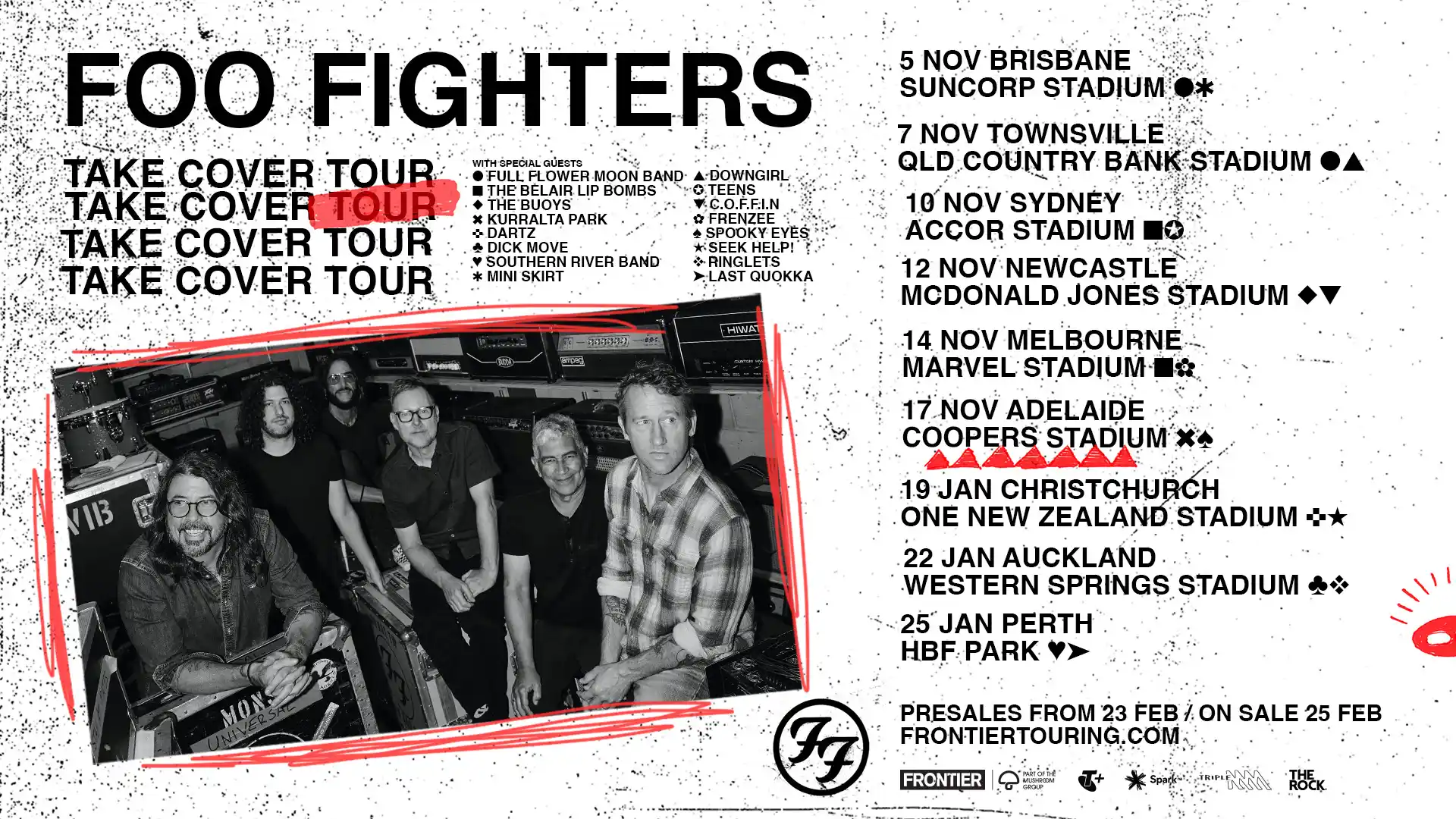 Foo Fighters’ Take Cover stadium tour includes regional stops, with tickets on sale Wednesday 25 February.