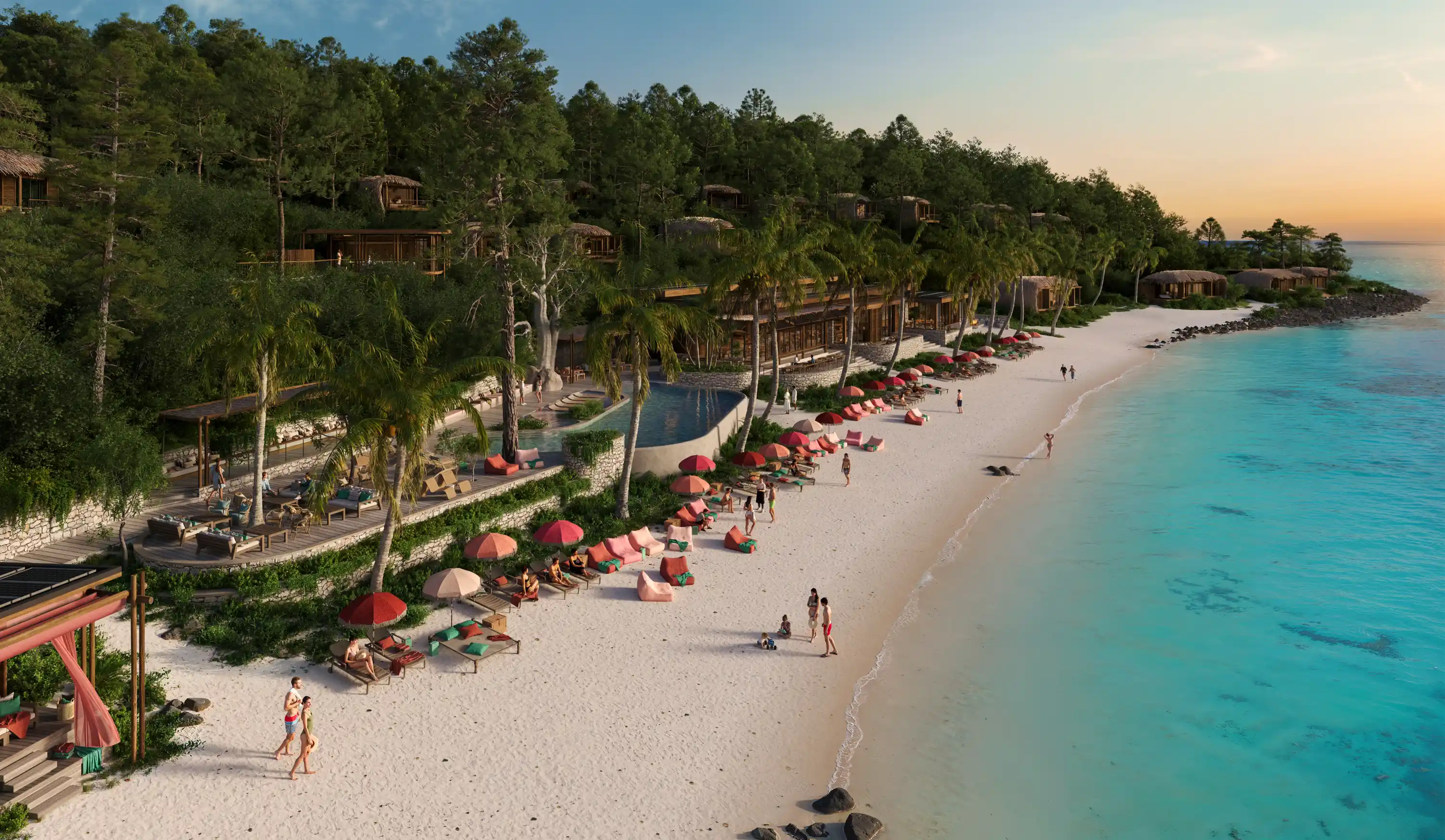Hook Island’s restoration accelerates with DA approval for a luxury eco-lodge. The project features biophilic cabins and forest eco pools, opening 2027.