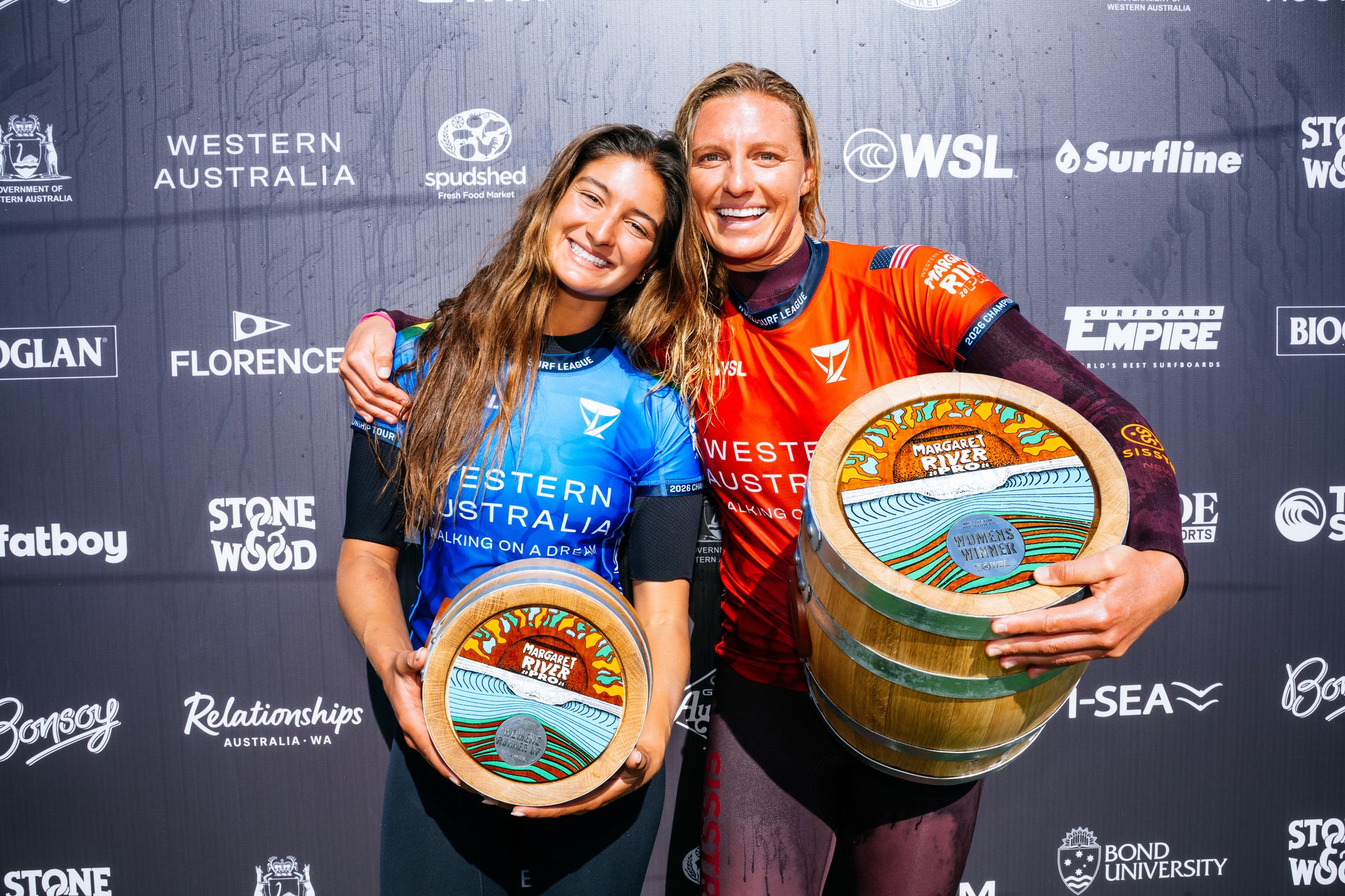MARGARET RIVER, WESTERN AUSTRALIA, AUSTRALIA - APRIL 26: Lakey Peterson of the United States and Luana Silva of Brazil after the Final at the Western Australia Margaret River Pro on April 26, 2026 at Margaret River, Western Australia, Australia. (Photo by Beatriz Ryder/World Surf League)