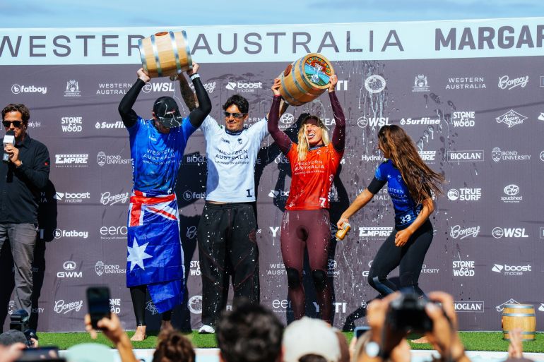 MARGARET RIVER, WESTERN AUSTRALIA, AUSTRALIA - APRIL 26: (L-R) George Pittar of Australia, Three-time WSL Champion Gabriel Medina of Brazil, Lakey Peterson of the United States and Luana Silva of Brazil after the finals of the Western Australia Margaret River Pro on April 26, 2026 at Margaret River, Western Australia, Australia. (Photo by Hannah Anderson/World Surf League)