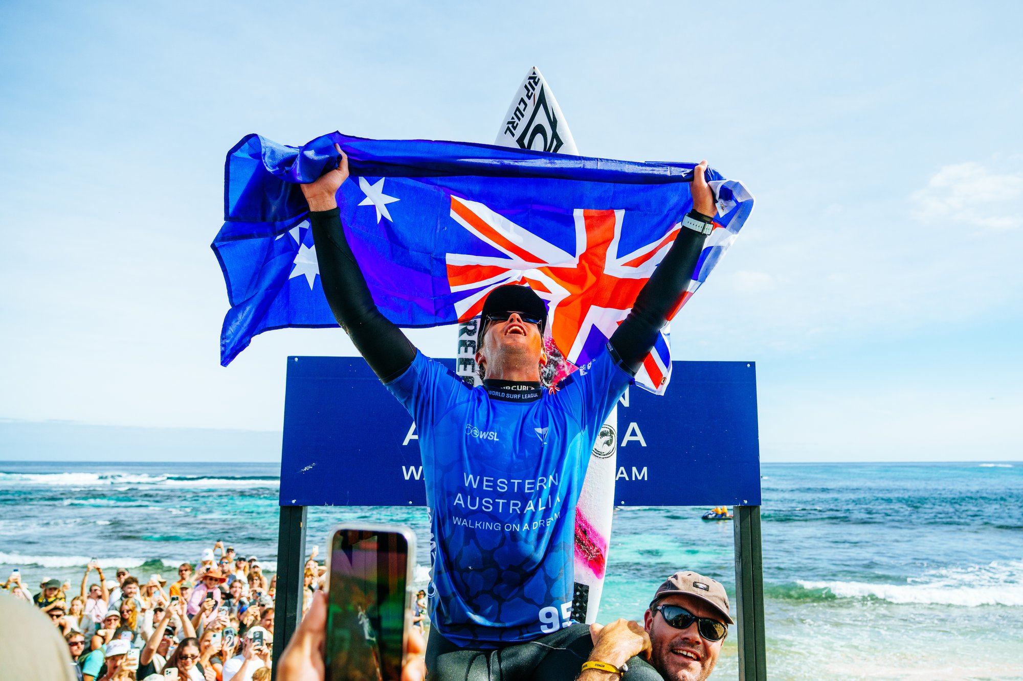 MARGARET RIVER, WESTERN AUSTRALIA, AUSTRALIA - APRIL 26: George Pittar of Australia after winning the Final at the Western Australia Margaret River Pro on April 26, 2026 at Margaret River, Western Australia, Australia. (Photo by Beatriz Ryder/World Surf League)