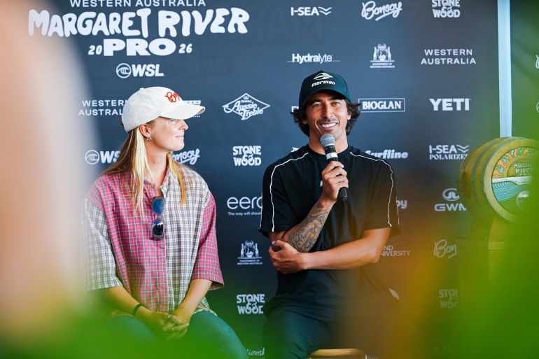 MARGARET RIVER, WESTERN AUSTRALIA, AUSTRALIA - APRIL 15: Miguel Pupo of Brazil and Isabella Nichols of Australia at the press conference at the Western Australia Margaret River Pro on April 15, 2026 at Margaret River, Western Australia, Australia. (Photo by Beatriz Ryder/World Surf League)
