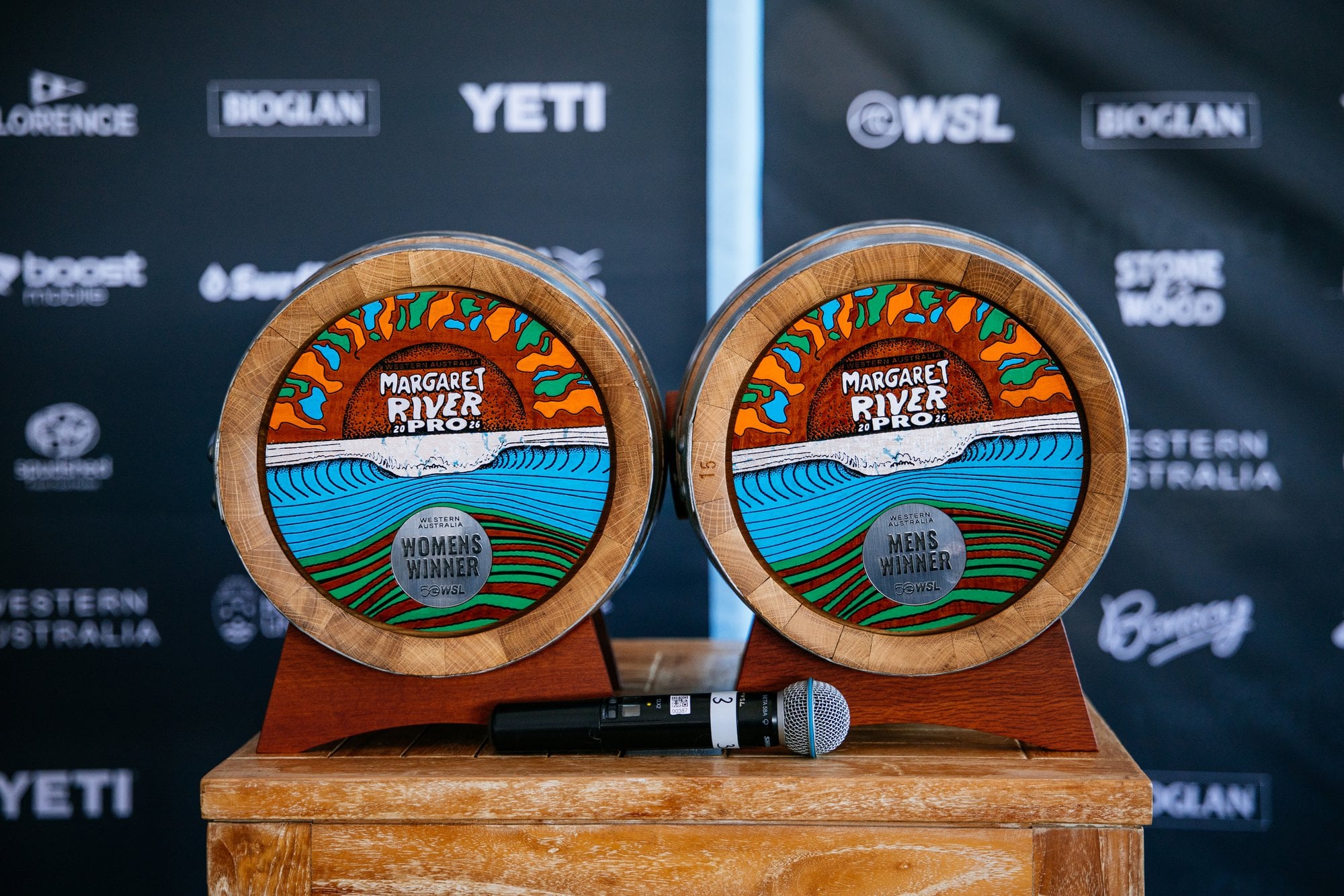 MARGARET RIVER, WESTERN AUSTRALIA, AUSTRALIA - APRIL 15: The event trophies at the press conference at the Western Australia Margaret River Pro on April 15, 2026 at Margaret River, Western Australia, Australia. (Photo by Hannah Anderson/World Surf League)