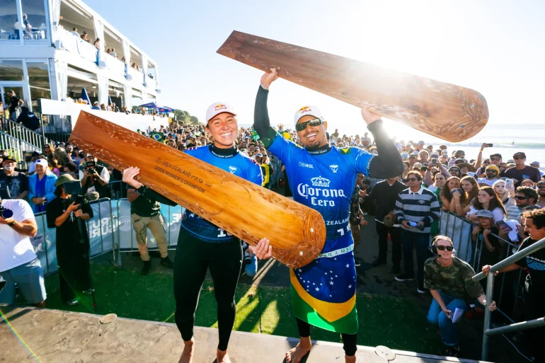 Carissa Moore and Italo Ferreira take out victory at the Raglan point break in an action packed finals day for the New Zealand Pro