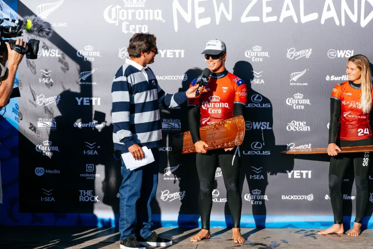 Morgan Cibilic of Australia after placing second at the Corona Cero New Zealand Pro on May 25, 2026 at Raglan, New Zealand. (Photo by Rambo Estrada/World Surf League)