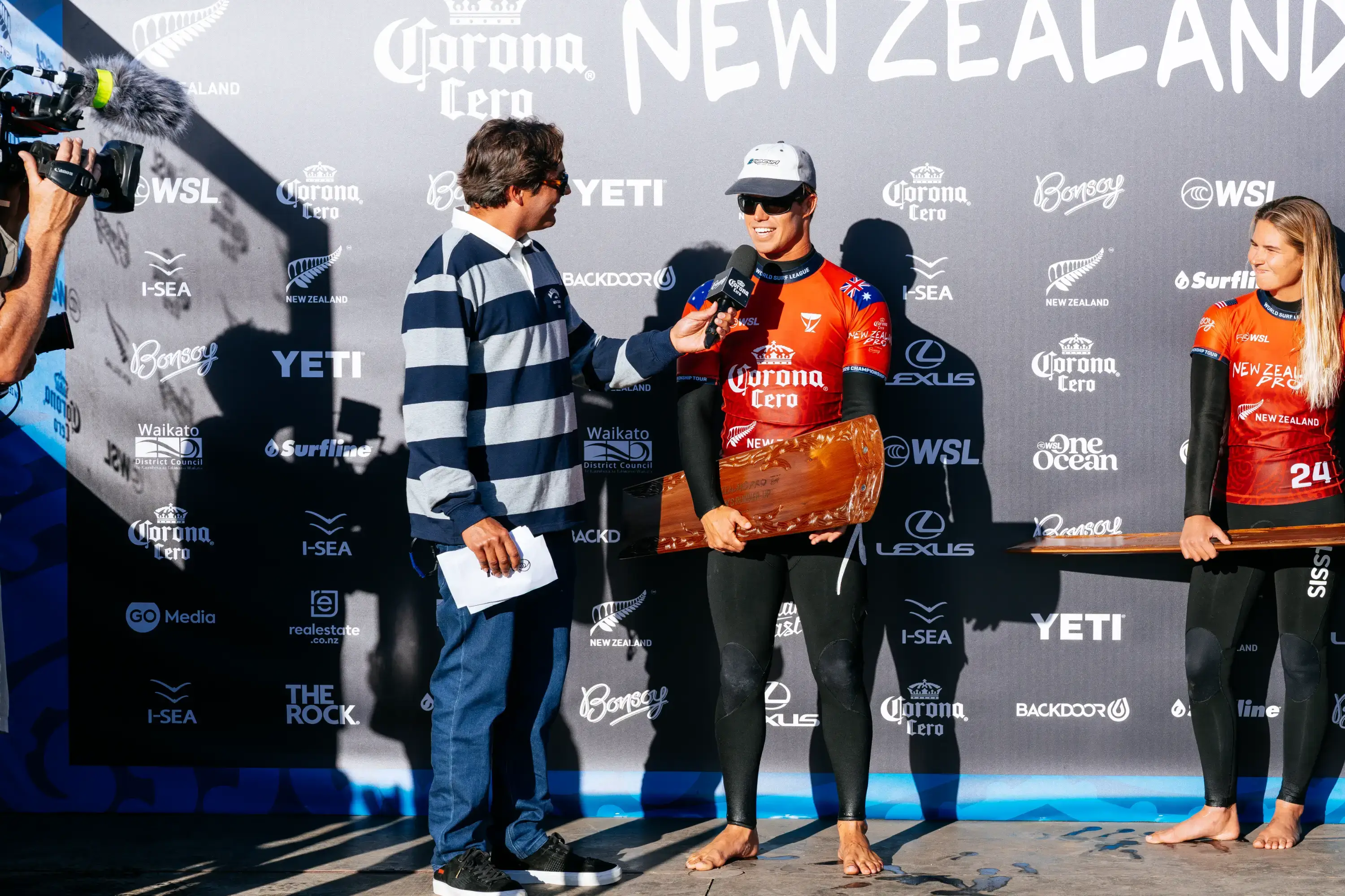 Morgan Cibilic of Australia after placing second at the Corona Cero New Zealand Pro on May 25, 2026 at Raglan, New Zealand. (Photo by Rambo Estrada/World Surf League)