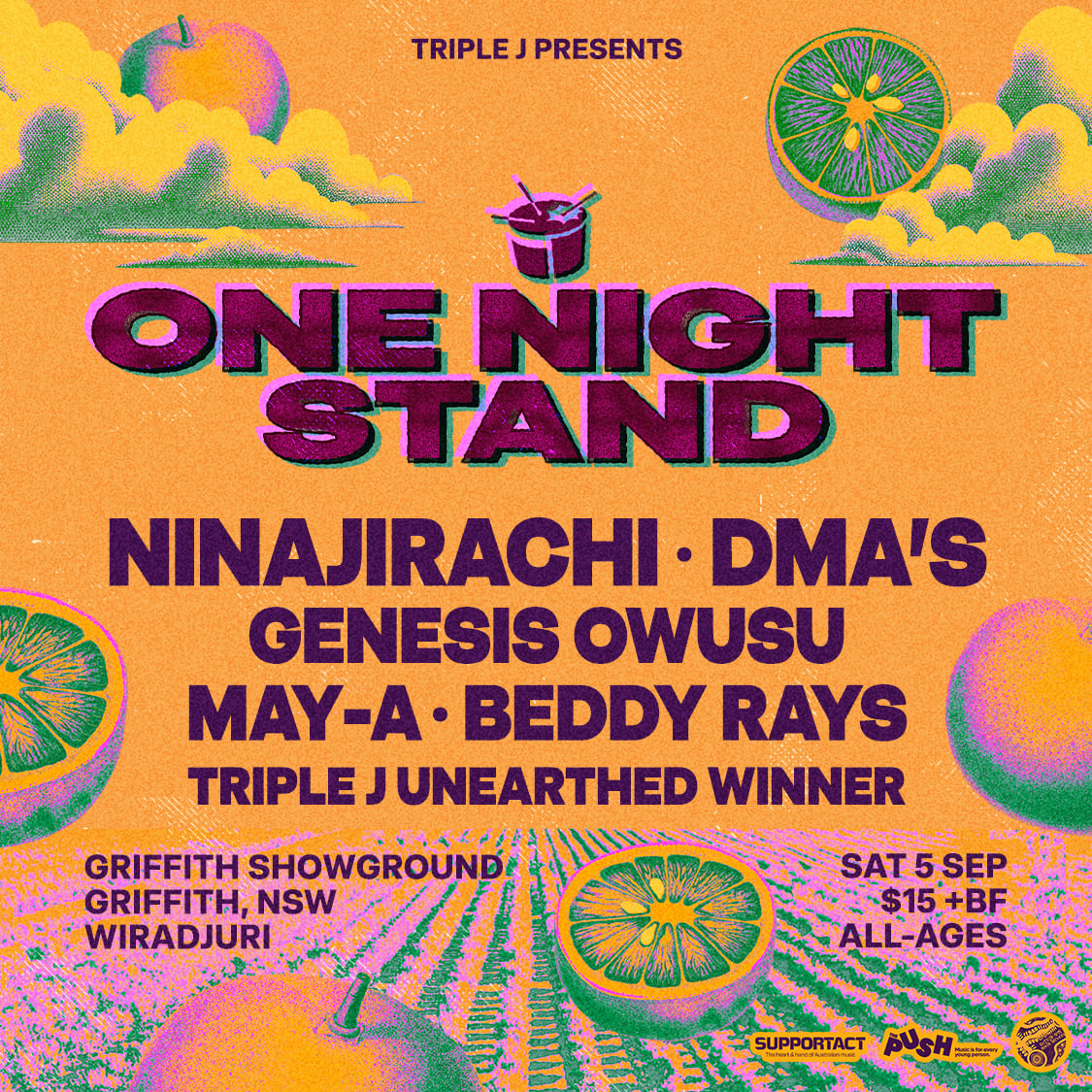 triple j’s One Night Stand is bringing Ninajirachi, DMA’S, Genesis Owusu, MAY-A and Beddy Rays to Griffith Showground on Wiradjuri Country on Saturday, 5 September. Â