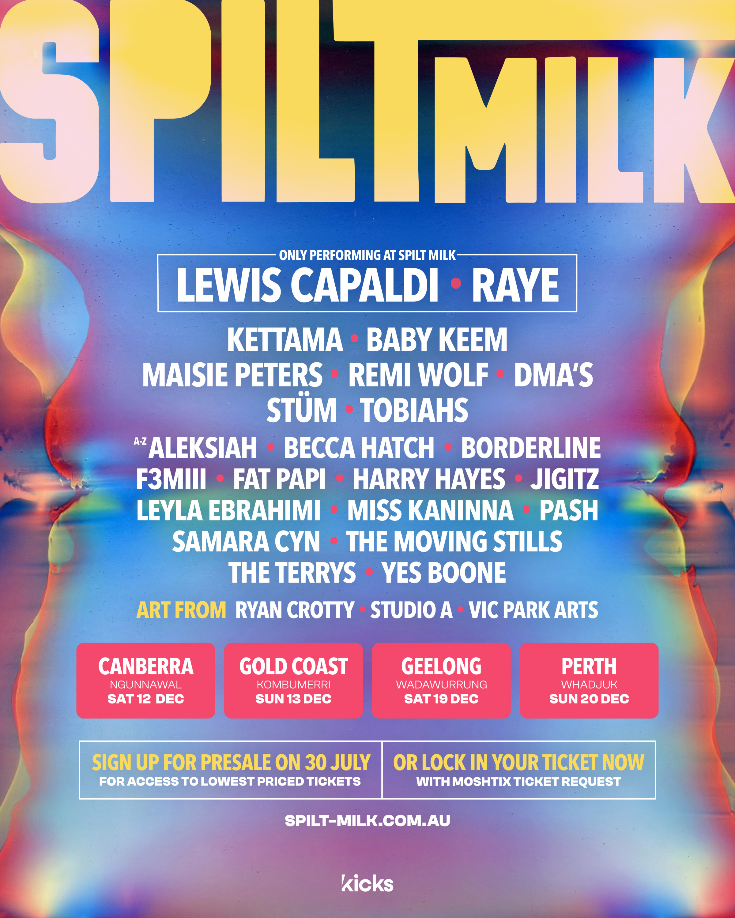Spilt Milk returns to the Gold Coast in 2026 with exclusive sets from Lewis Capaldi and RAYE. Check out the full lineup and dates.