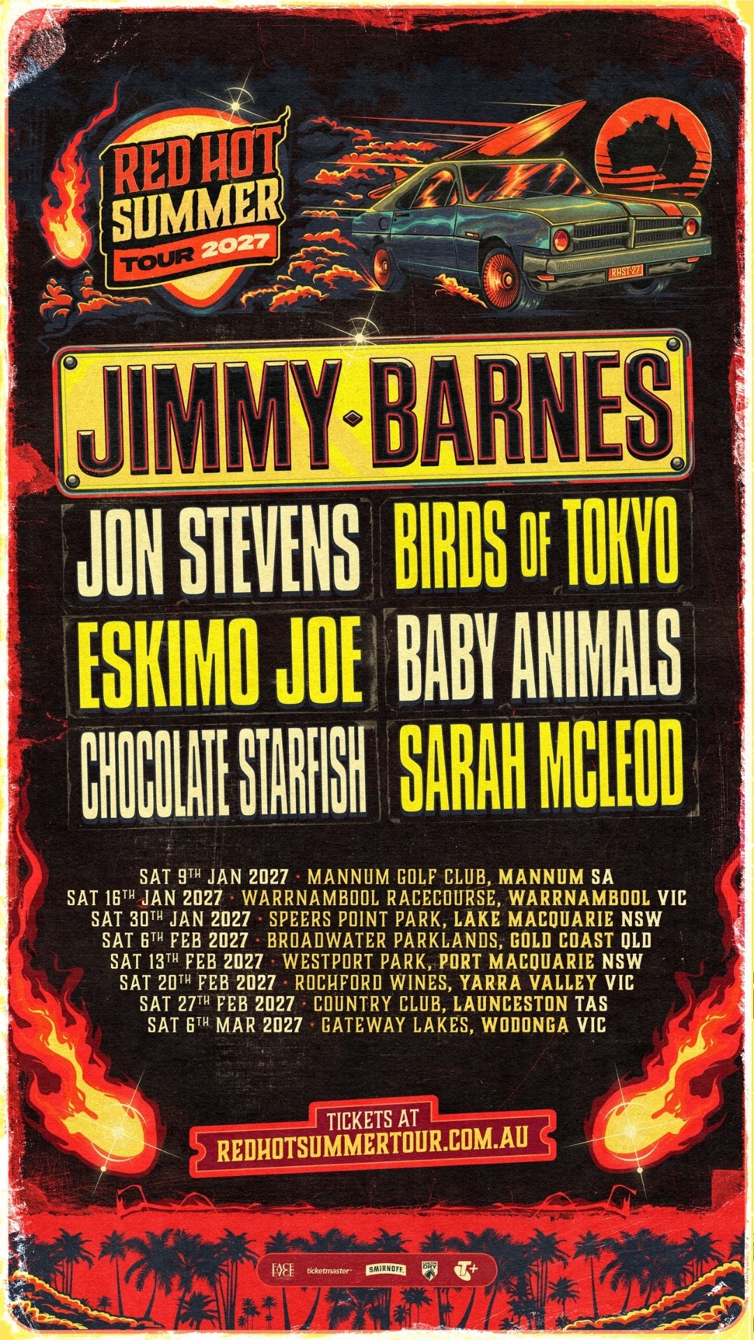 Jimmy Barnes leads an Australian rock lineup for the Red Hot Summer Tour 2027 across nationwide outdoor venues.